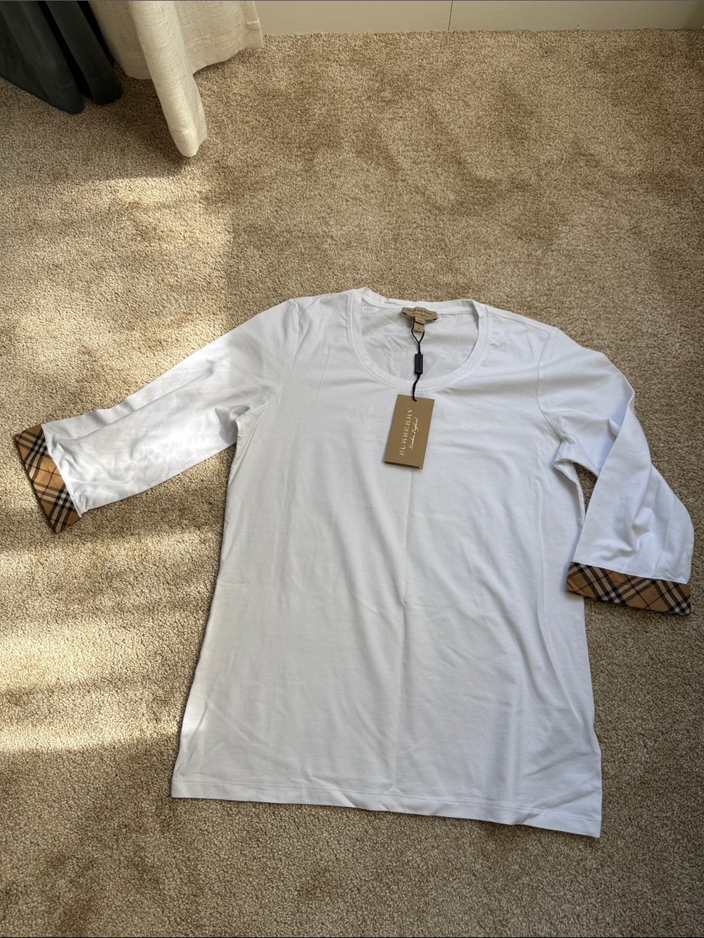 Burberry White Long Sleeve Tee with Beige Tartan Cuff